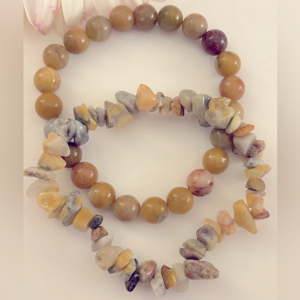 2 Stretch Bracelets: Polished Agate round, Nugget stones, tan, gray, peach, gold